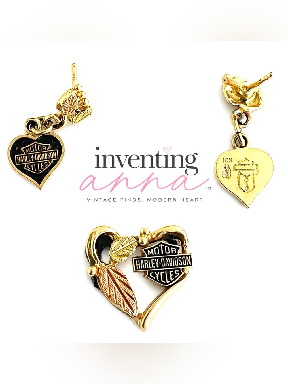 HARLEY-DAVIDSON Black Hills Gold Heart Earrings Pendant Set with Black Enamel